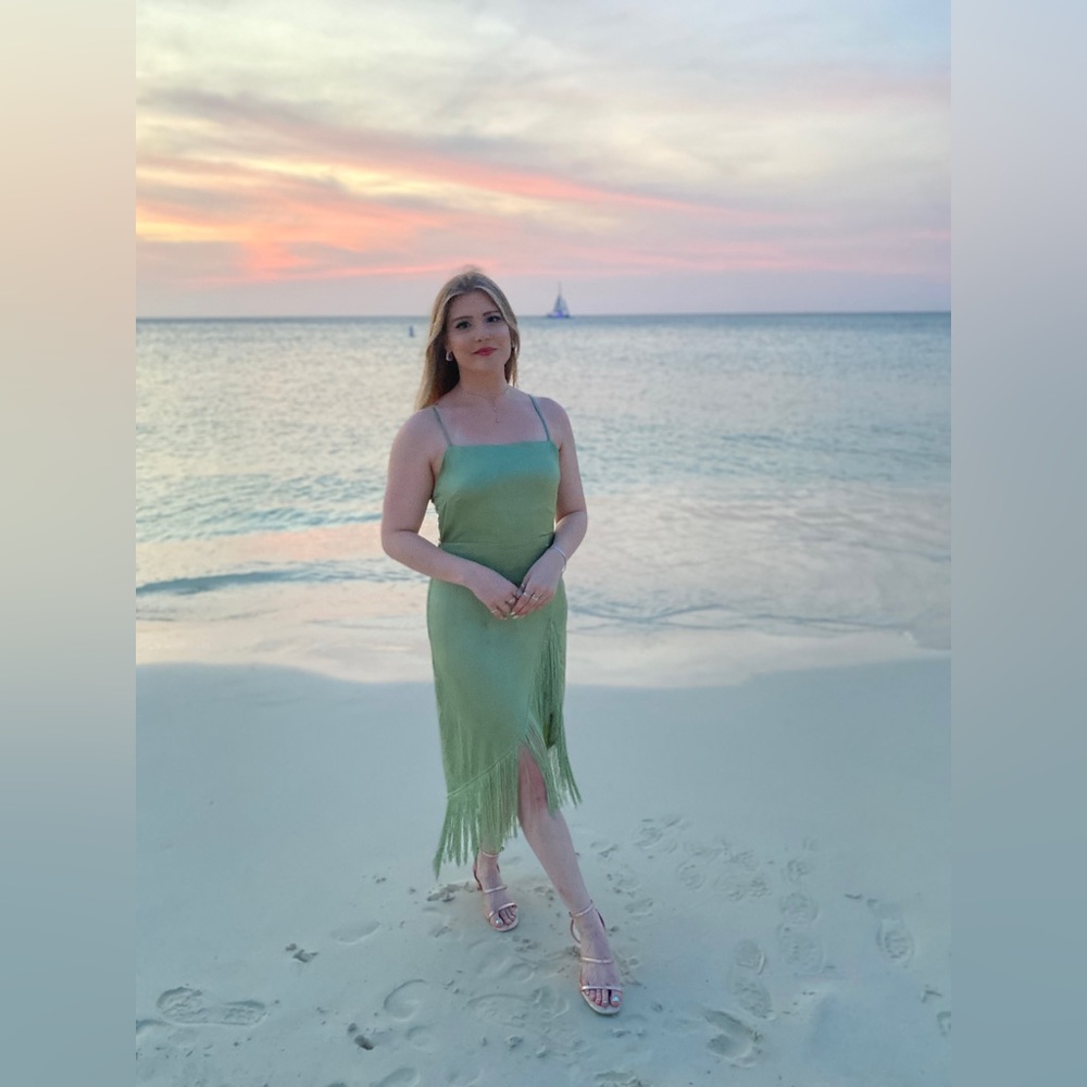 Sage Satin Fringe Maxi Dress
